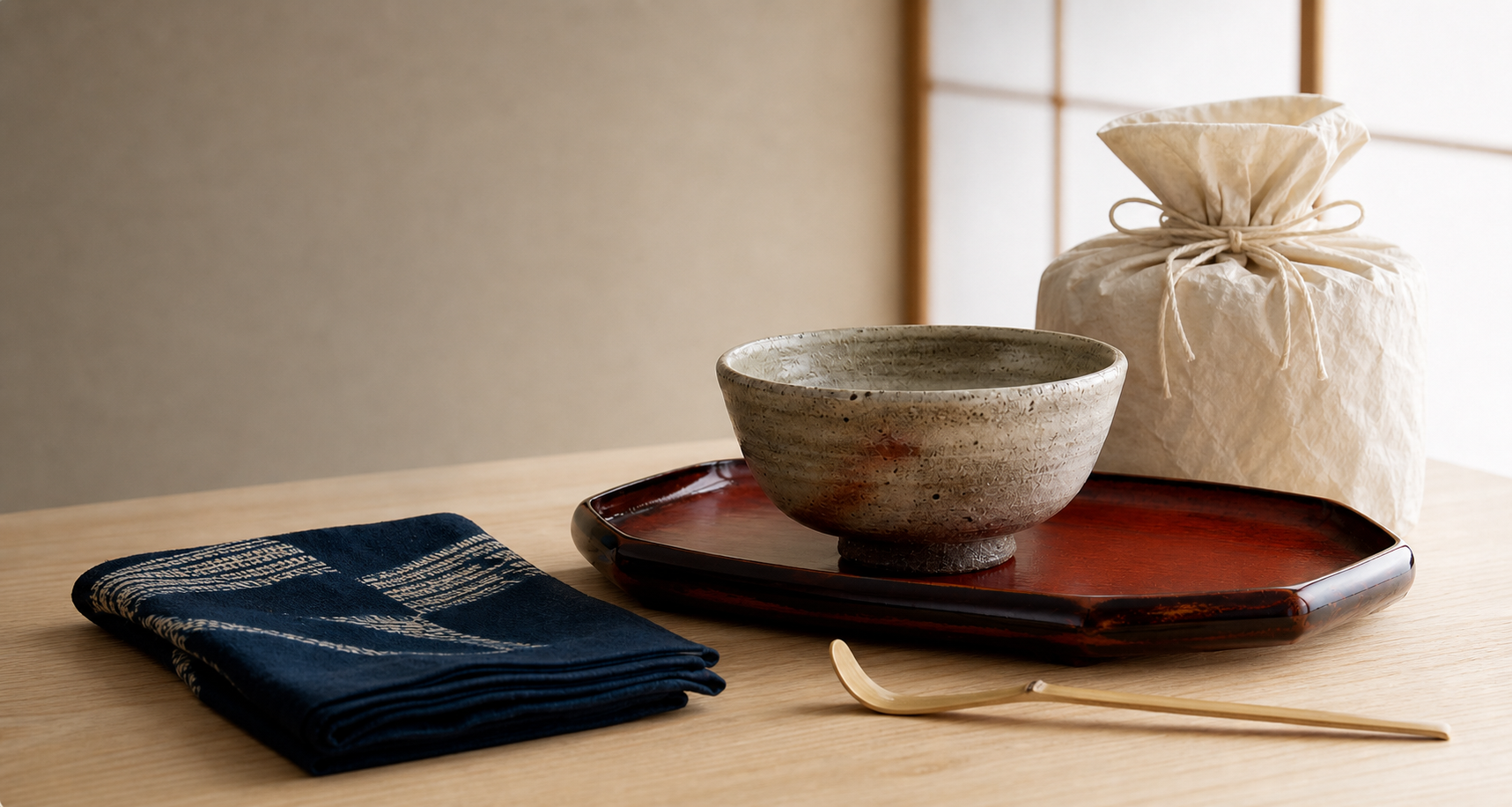 Japanese craft objects arranged in a quiet studio
