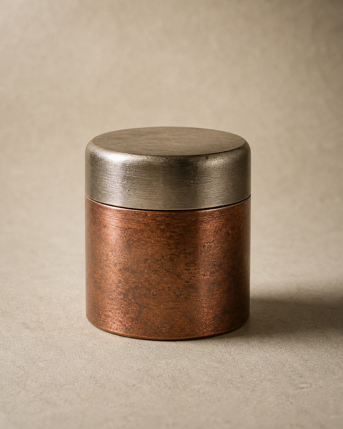 Metal tea caddy in studio light